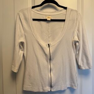 Maeve by Anthropologie White Ribbed Zip Front Top | Scoop Neck | Size L